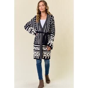 Double Knit Aztec Placement Belted Sweater Cardigan